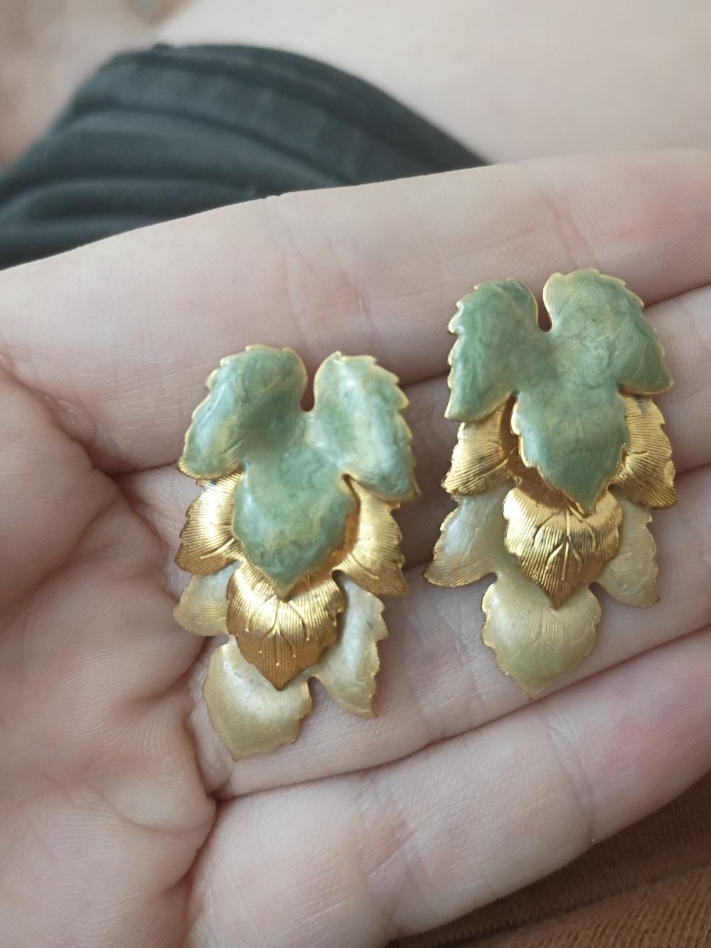 Vintage Gold and Sage Articulated Leaf Drop Earrings - Women Jewelry